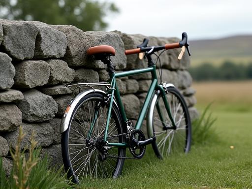 A bicycle leaning against a classic Irish dry stone wall.