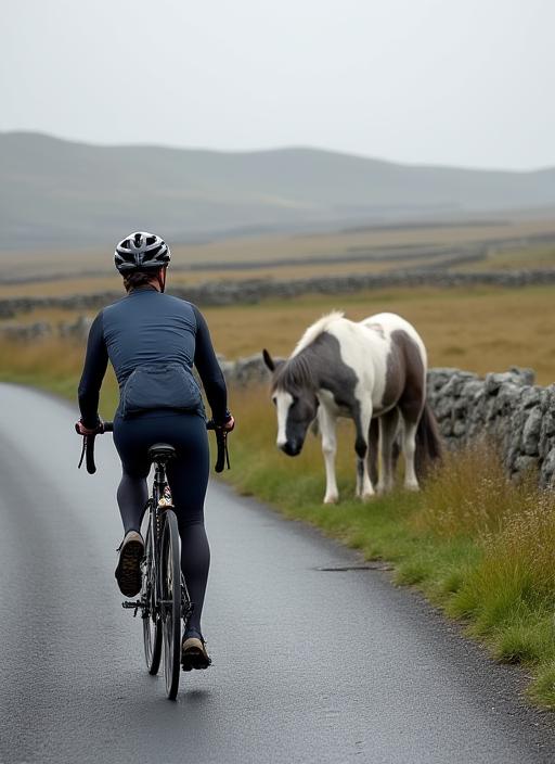 A cyclist stopped to watch Connemara ponies in a field.