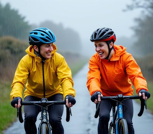 Adventurous cyclists in rain gear smiling on a misty day.