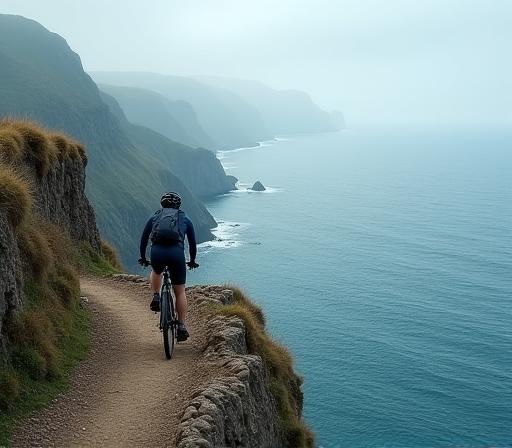 Solo cyclist on a narrow path overlooking the Atlantic Ocean.