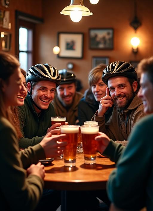 Happy group of cyclists enjoying a pint in a traditional Irish pub.
