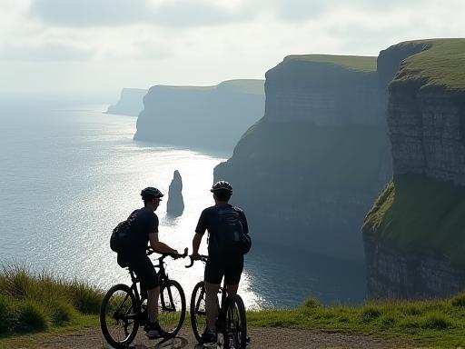 Two cyclists looking out towards the Cliffs of Moher from a scenic viewpoint.