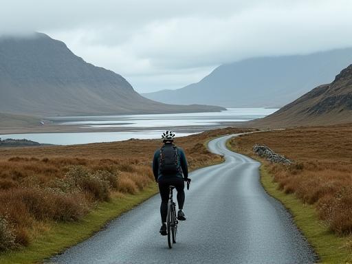 Cyclist on a quiet road through the rugged Connemara landscape.